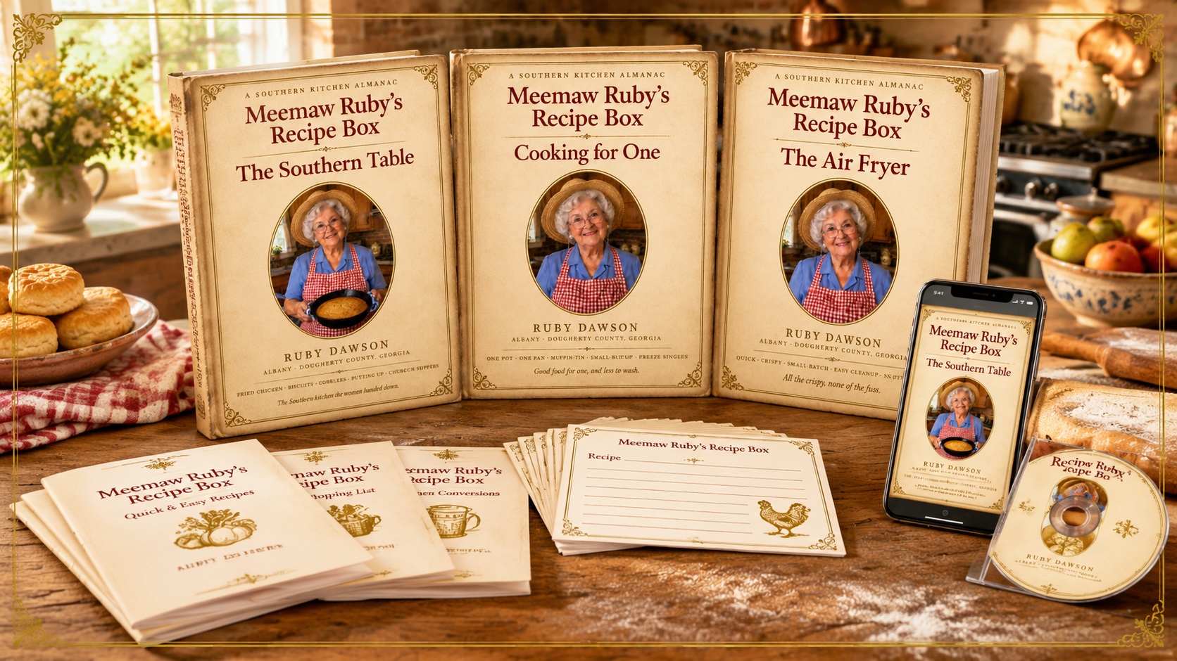 Meemaw Ruby's Recipe Box and everything that comes with it — all three cookbooks, the large-print editions, the phone edition, Ruby's kitchen-table audio, The Four Who Taught Me cards, The Black-Skillet Starter, A Pinch a Dab and a Handful, the Putting-Up Almanac, the Air-Fryer Cheat Sheet, and the Cooking-for-One Grocery and Freezer Guide